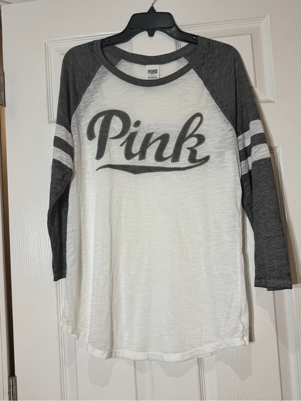PINK Victoria's Secret White and Charcoal Raglan Baseball Tee